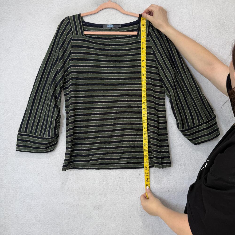 Eva Franco Blouse Womens Medium Green Stripe Square Neck 3/4 Bell Sleeve Knit - Picture 3 of 8